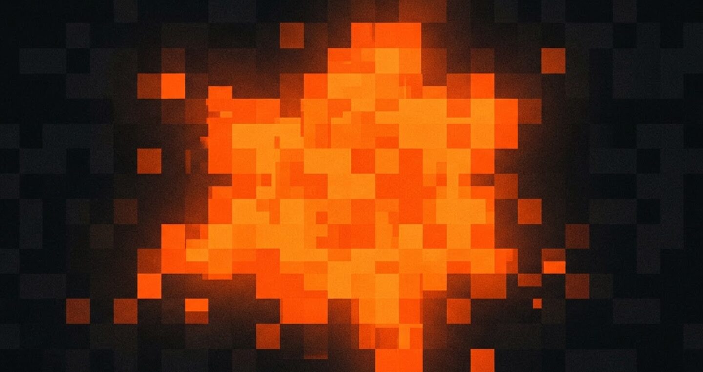 Pixelated orange starburst glowing against a dark grid of squares