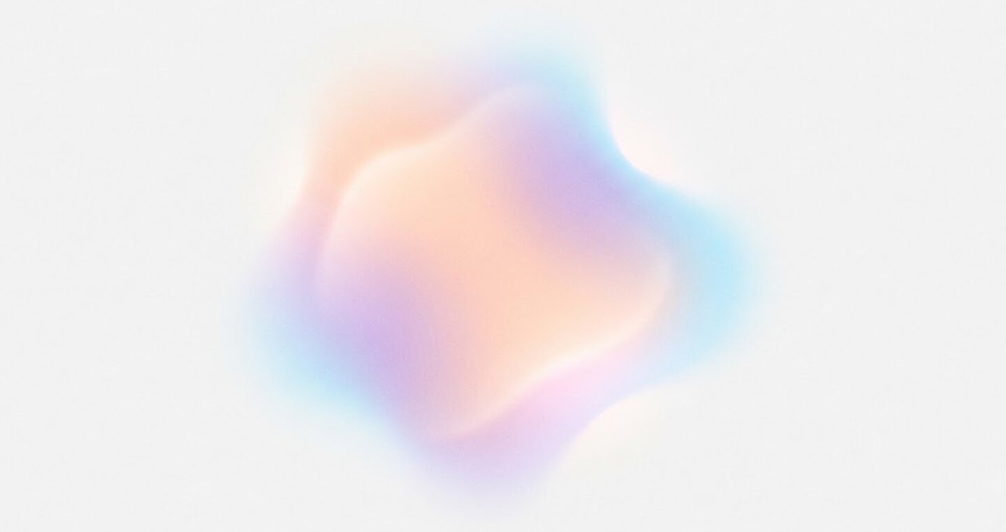 Soft pastel gradient blob in peach, lilac and sky blue on a pale grey background