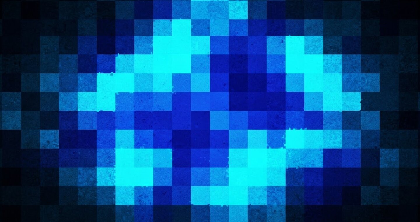 Abstract pixel mosaic in glowing cyan and deep blue