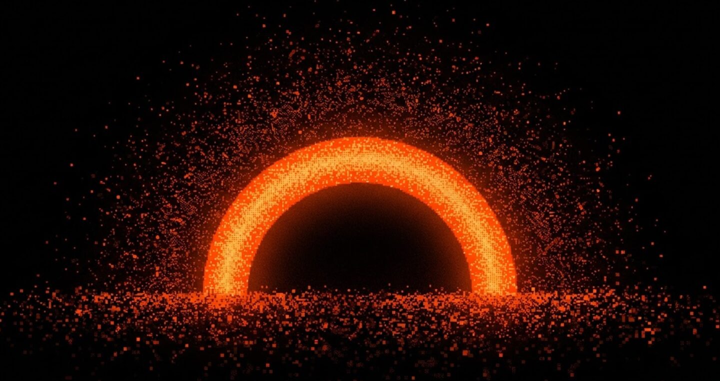 Glowing orange arch of particles rising from a dark, scattered horizon